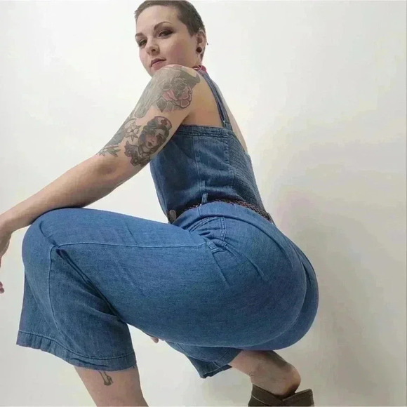 Wide Leg Denim Cropped Romper Jumpsuit - M - Picture 2 of 10